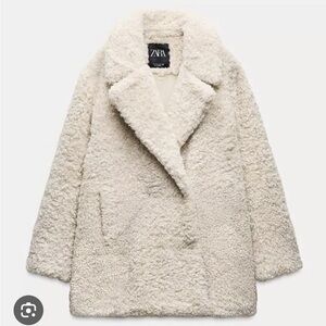 ZARA FAUX FUR COAT JACKET OYSTER WHITE BEIGE TEDDY BOUCLE XS WINTER 4391/855